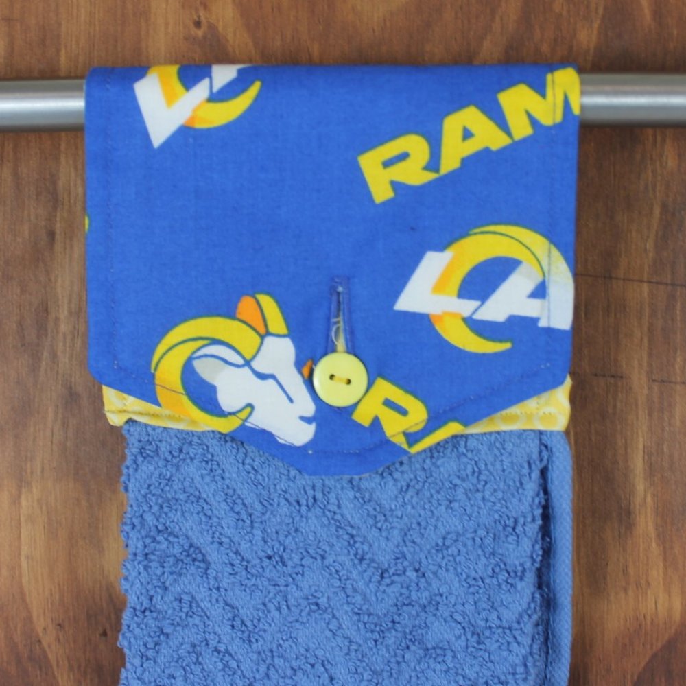 L.A. RAMS BLUE, YELLOW & WHITE PRINT HANDMADE HANGING KITCHEN TOWEL COTTON TOWEL
